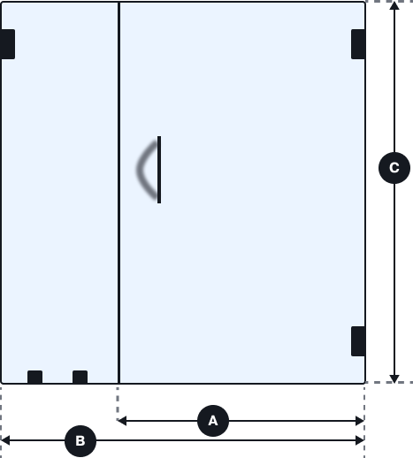 Shower door measurement diagram showing dimensions A, B, and C